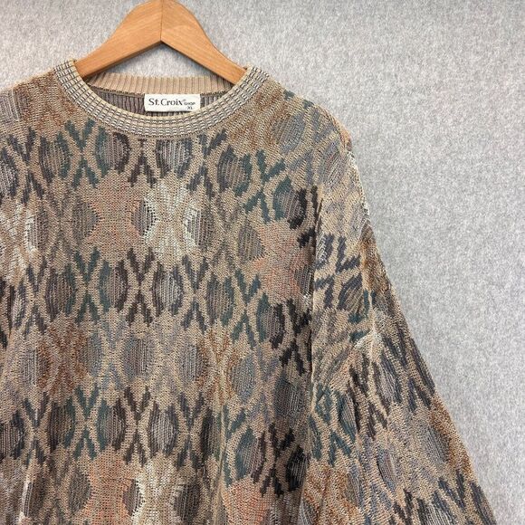 Men's St. Croix Shop Size XL Knit Sweater Multi-Color Geometric Pattern Tan Blue - Picture 3 of 10